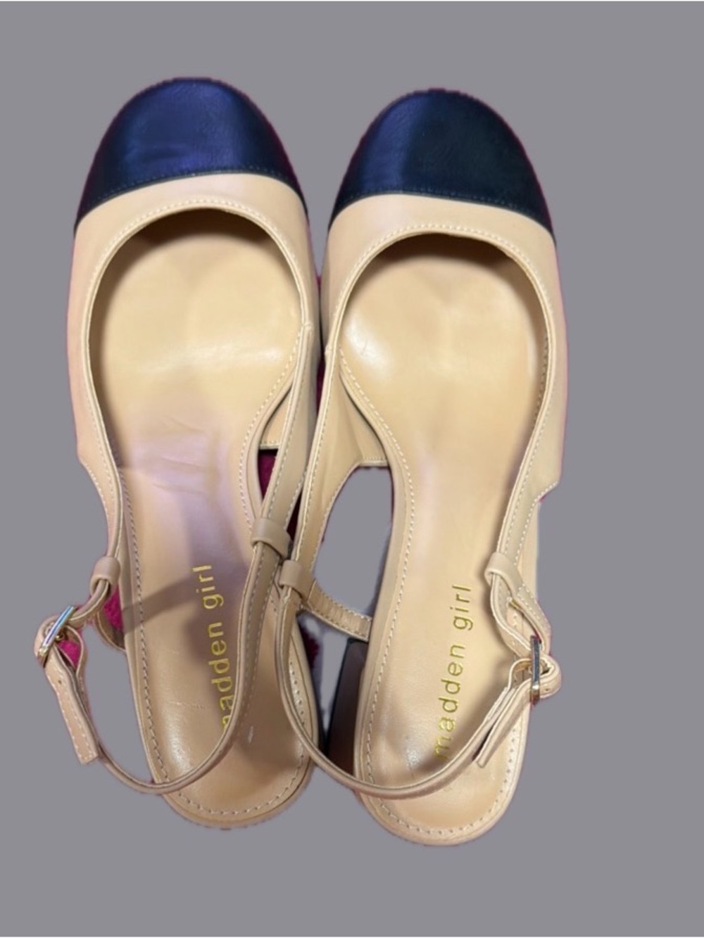 Madden Girl Beige Slingback Flats with Black Cap Toe